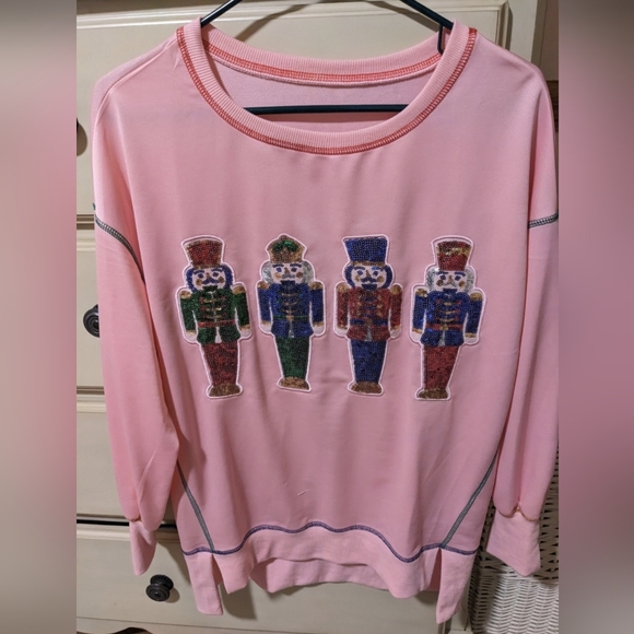 boutique Tops - Pink Christmas Sweatshirt with Nutcracker Design Size Small